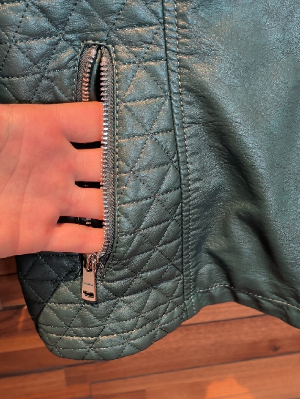 Quilted Faux Leather Moto Jacket in Forest Green - Picture 3 of 9